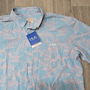 NWT Huk Kona Fishing Shirt Blue AOP Pink Marlin Mens XL Performance